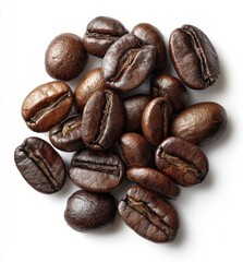 Roasted coffee beans clustered together