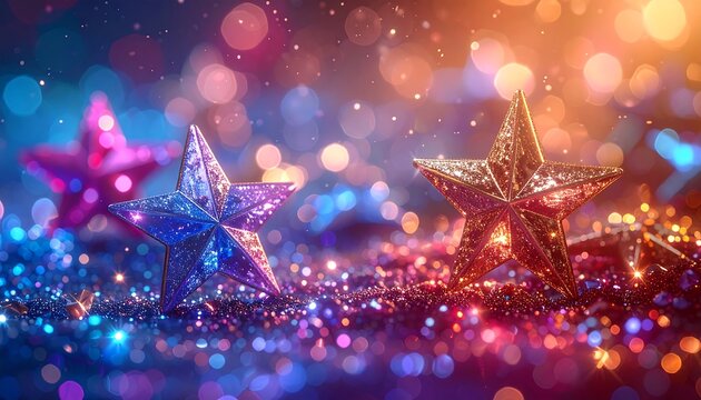 Festive stars on a vibrant bokeh background