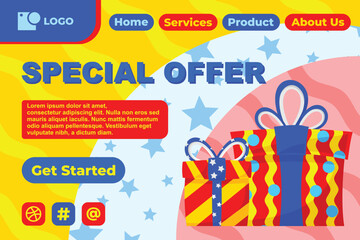 Gift Box in Various Bright Color for Special Offer Web Landing Page Banner Flat Cartoon Background