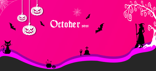 Halloween October 2025 calendar background with spooky pumpkins, bats, witch hat and creepy design in festive pink theme, perfect for holiday template, seasonal wallpaper and celebration banner