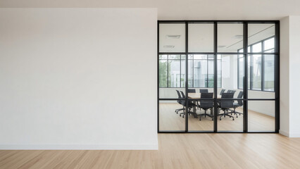 Fototapeta premium Empty office interior with copy space and wordesks on concrete floor