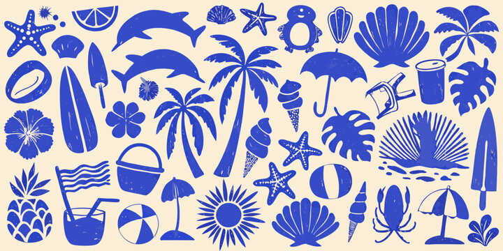 Collection of blue summer beach vacation icons and symbols on a cream background