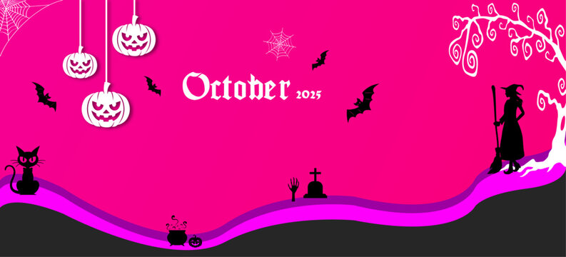 Halloween October 2025 calendar background with spooky pumpkins, bats, witch hat and creepy design in festive pink theme, perfect for holiday template, seasonal wallpaper and celebration banner