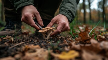 Individual harvesting wild mushrooms in a forest, surrounded by autumn leaves and greenery, showcasing the connection to nature and foraging skills