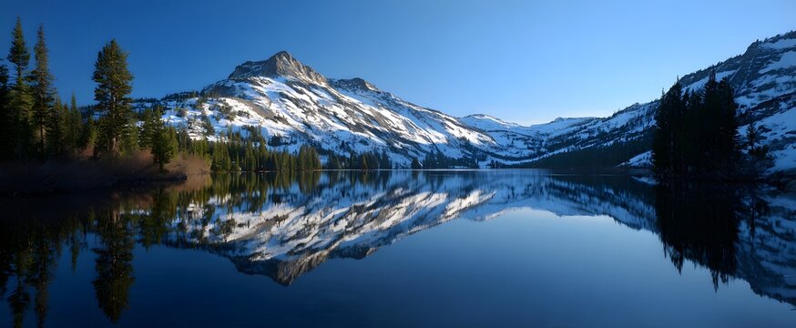 The tranquil mountain lake inspires awe as snow-capped peaks glow at sunrise