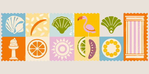 Colorful summer vacation icons and symbols in a stamp collage design