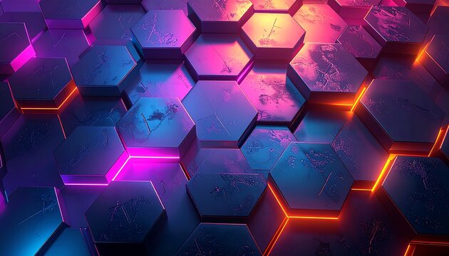 Abstract, modern artwork featuring a honeycomb-like pattern of hexagonal shapes bathed in vibrant, contrasting neon light colors