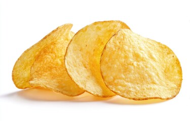 Three potato chips, golden yellow, slightly overlapping, on a white background