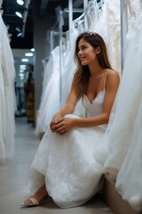 Naklejka premium Young caucasian female trying on wedding dress in bridal shop setting