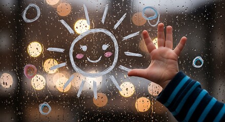 Cute Chalk Drawing Sun and Shape on Window with Raindrop
