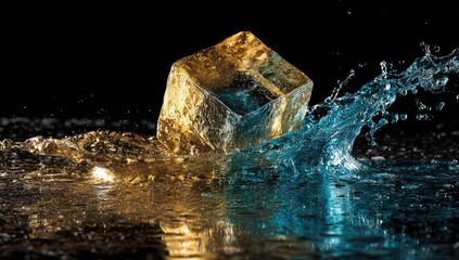 Golden cube ice melts in a splash of blue water. 
