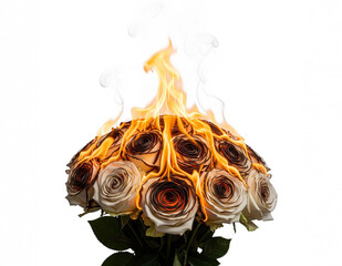 Dramatic concept of love and heartbreak with a bouquet of roses on fire against a clean white background, symbolizing intense passion and destruction Gemini_Generated_Image_u4ytj5u4ytj5u4yt_1