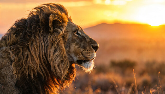 A majestic male lion with a full mane rests in the tall, golden grass of the African savanna at sunset.