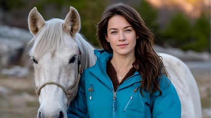 Young Woman Posing with White Horse in Natural Outdoor Setting