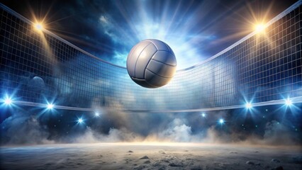 A Dramatic Volleyball Scene  Ball Soaring Over Net in an Arena with Spotlights and Atmospheric Haze