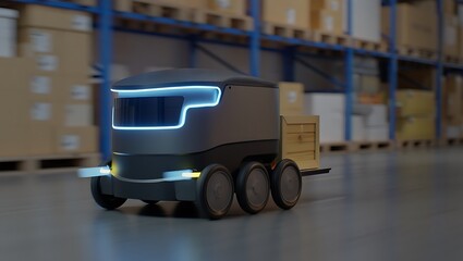 Autonomous robot transporting boxes in a modern warehouse with shelves