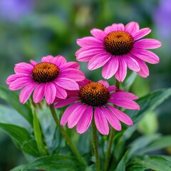 Fototapeta premium Close-up of three vibrant pink coneflowers