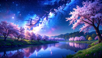 A serene riverside landscape bathed in the soft glow of a starry night, showcasing vibrant cherry blossoms and a tranquil river reflecting the celestial beauty above.