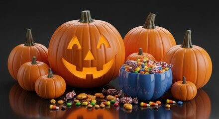 Happy Halloween Carved Pumpkin and Candy Collection Celebration