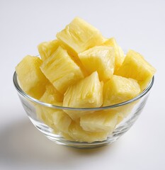 Cubed pineapple in a glass bowl.  Fresh, sweet, tropical fruit