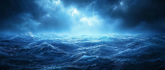 Fototapeta premium A dramatic seascape with tumultuous waves and dark storm clouds illuminated by flashes of lightning.