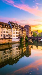 City reflected in a calm river at sunset