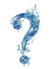 A question mark formed from flowing, vibrant blue water, with splashing water droplets and a stylized, dynamic appearance