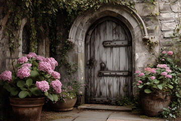 Wooden door with ivy and flowers