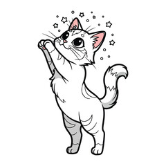 Whimsical Cat and Stars Illustration: A cute cat with a hopeful gaze reaching toward floating stars, in a whimsical illustration that captures innocence and joy.