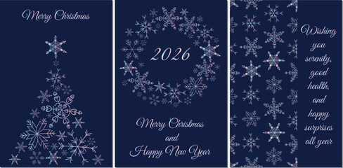 Three festive New Year vector greeting card templates on a dark blue background: a Christmas tree, a wreath with the inscription 2026, and a snowflake pattern with warm wishes