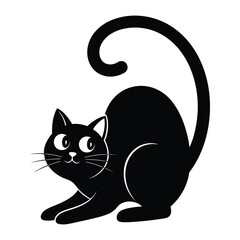 Playful Silhouette of a Black Cat: A charming black cat, rendered in a minimalist graphic style, arches its back in a playful pose with a curved tail. This eye-catching image embodies simplicity, joy.