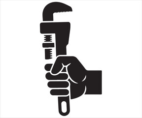 Black silhouette of hand holding wrench tool icon isolated on white background, minimalist vector illustration representing repair, construction, plumbing, maintenance, mechanic, industry, and labor s