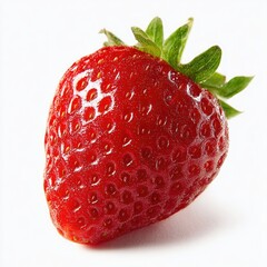 Close-up of a single, fresh strawberry.  Vibrant red flesh with small seeds, green leafy top.  Isolated on white background