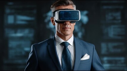 Mature man, focused businessman in professional suit, using virtual reality glasses. Exploring futuristic digital interface with immersive technology for business innovation - Powered by Adobe