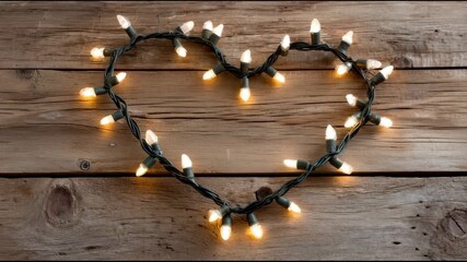 Romantic glowing heart light decoration, symbol of love for Christmas holiday on rustic wood background creating warm and festive feeling for celebration