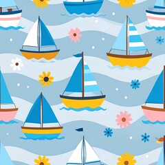 A cheerful and vibrant pattern design showcasing various sailboats and flowers floating on a gentle blue water surface.