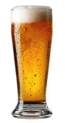 A tall glass of light amber beer, topped with a foamy head