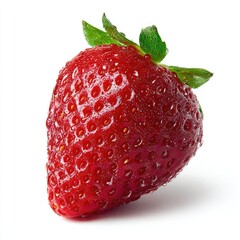 Single, ripe strawberry, vibrant red hue, glossy surface, small seeds, fresh green leaves