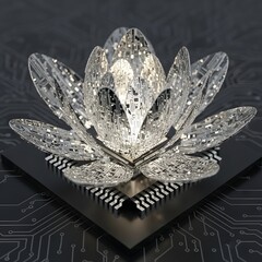 A glowing lotus flower made of intricate electronic circuit boards resting on a computer processor, symbolizing the fusion of nature and technology.
