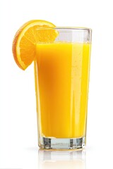 Orange juice in a tall glass, topped with an orange slice