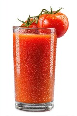 Fresh tomato juice in a glass, with two whole tomatoes