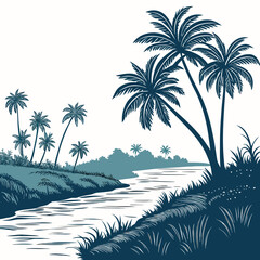 Serene tropical river landscape with lush palm trees and lush green vegetation on a white background
