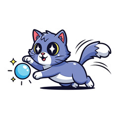  Playful Kitten and Sparkling Orb: A charming cartoon kitten, brimming with energy, playfully chases after a shimmering blue orb, set against a pristine background that radiates vibrancy. 