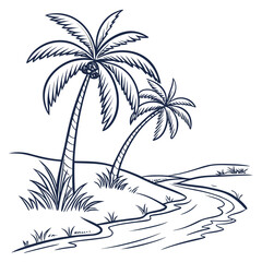 Simple line drawing of two palm trees on a grassy hill beside a winding river