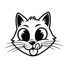 Playful Feline Portrait: An adorable black and white illustration of a cat, with a mischievous grin and its tongue playfully sticking out, perfect for conveying happiness and delight.
