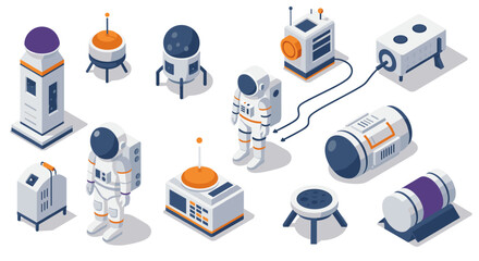 Isometric space exploration equipment and astronauts in futuristic design