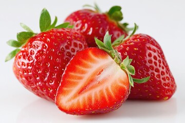 Close-up of fresh strawberries, some halved, vibrant red color, glossy surface, green leaves