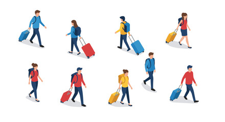 Diverse travelers with luggage in isometric style