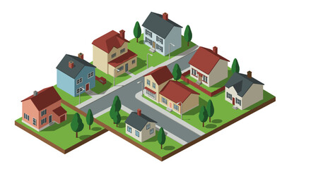 Isometric neighborhood with houses and greenery on a sunny day