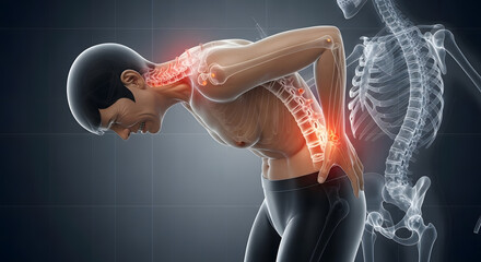 Medical representation of a person hunched over due to chronic pain due to spondylosis or calcification of the spine